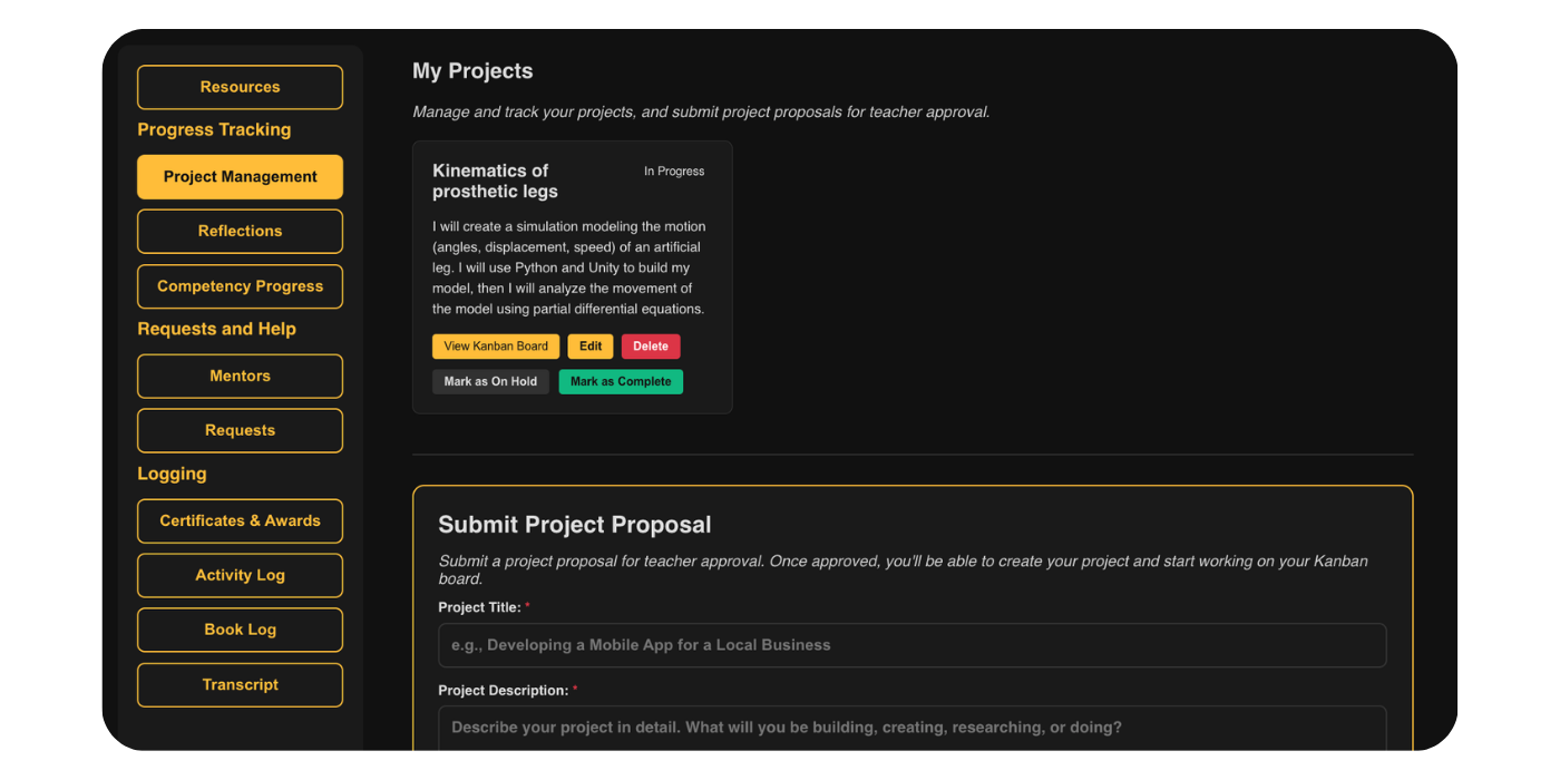 Proprietary edtech software for students to manage their projects, build portfolios and customize transcripts